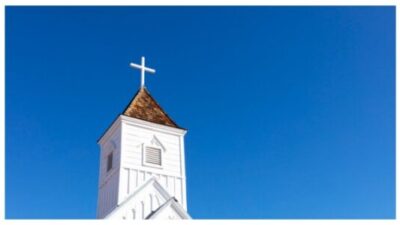 Wooden Church Steeple With Cross. White Old Church