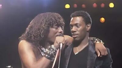Rick James performs live - on stage with Eddie Murphy, file photo 1983