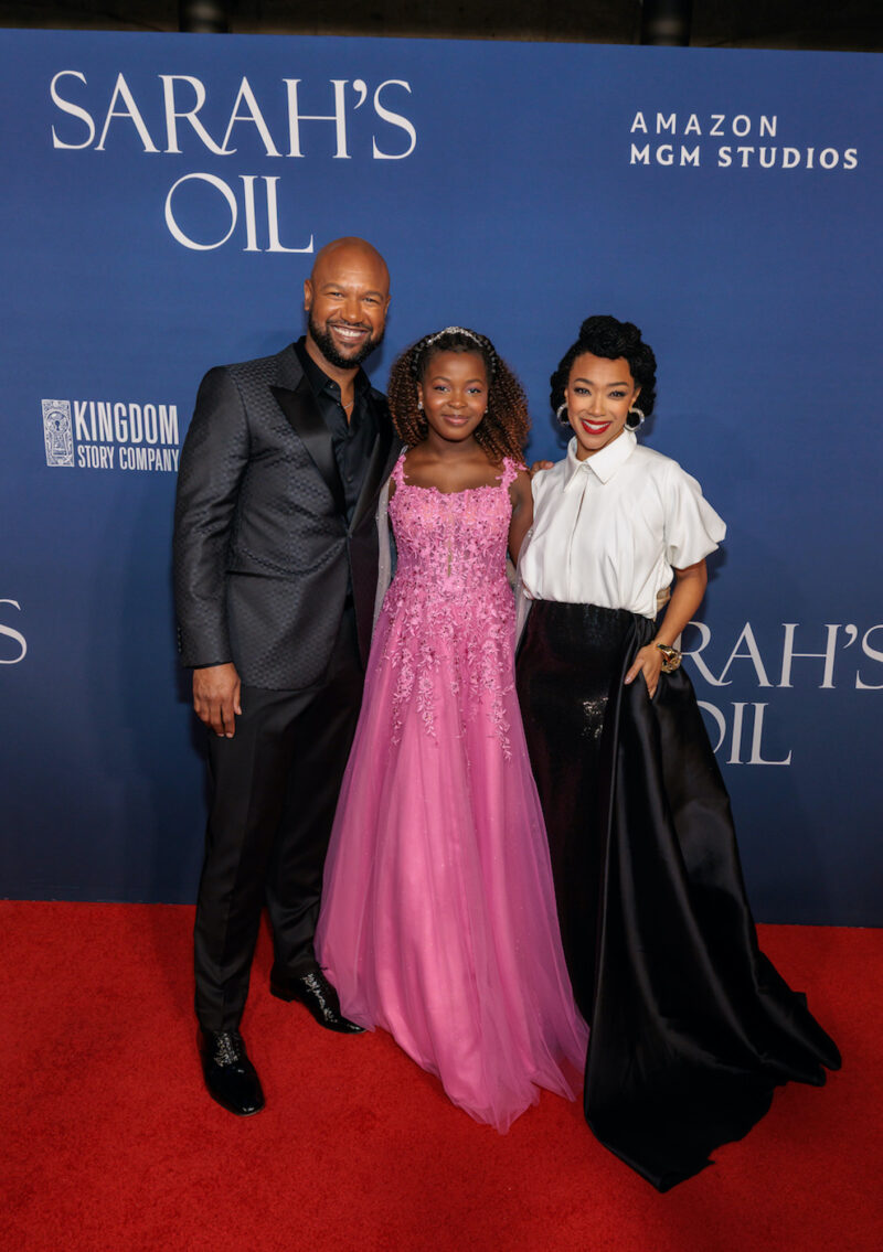 Sonequa Martin-Green, Kenric Green, and Naya Desir-Johnson pose together on the red carpet at the premiere of &ldquo;Sarah&rsquo;s Oil.&rdquo;