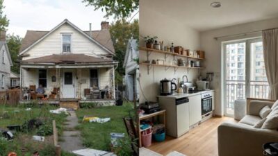 Side-by-side image showing house of an American family struggling below the poverty line and a modern Chinese family's modest but upgraded apartment - via GrokAI