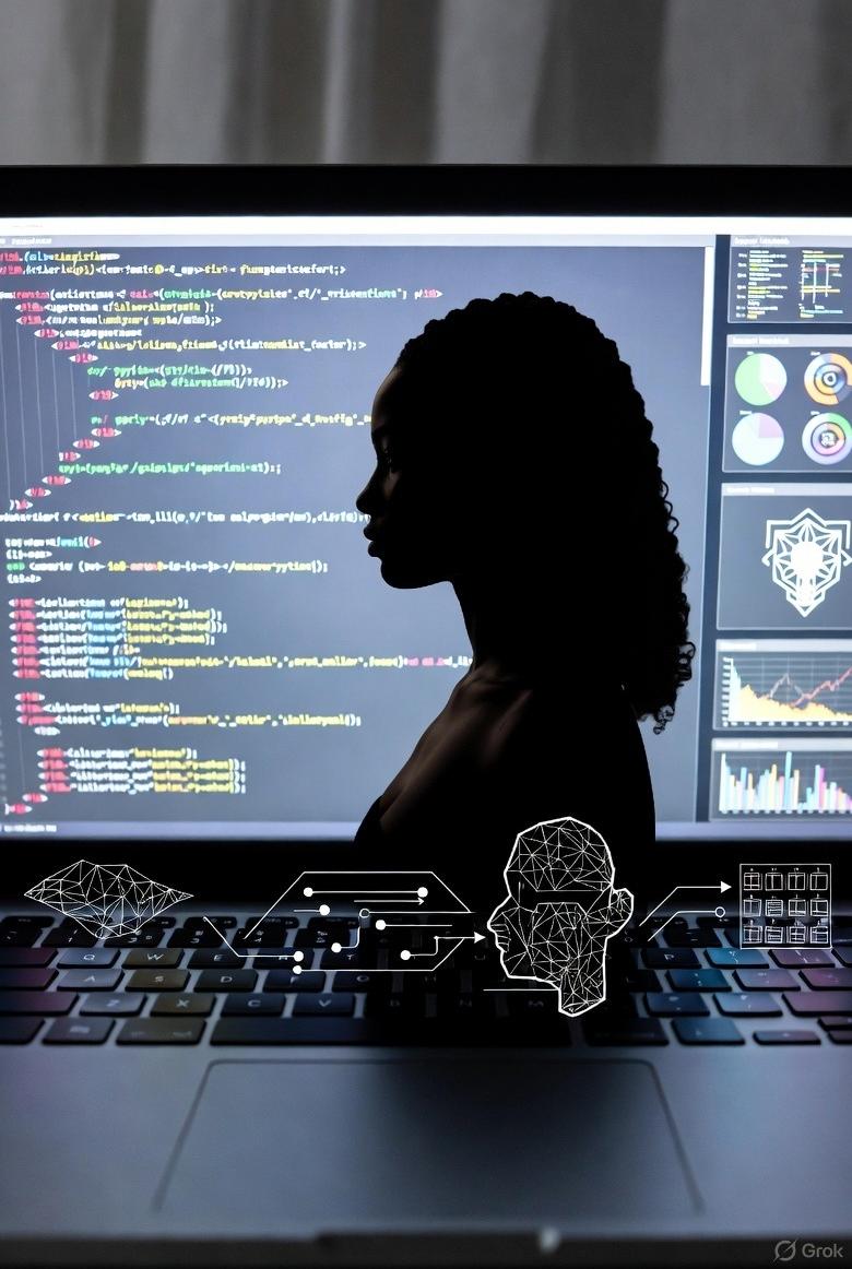 Silhouette of a woman in front of a laptop with code/AI graphics - via GrokAI
