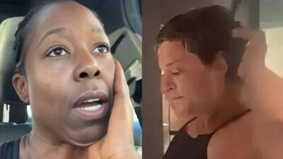 Tish Hyman and 'man' in Gold's Gym female restroom - screenshot