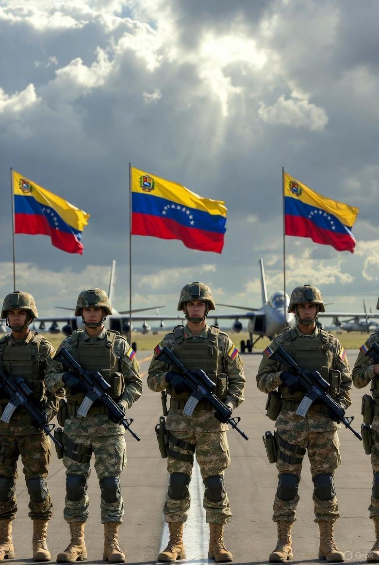 Venezuelan soldiers standing on an airstrip under cloudy skies, suggesting military readiness - via GrokAI