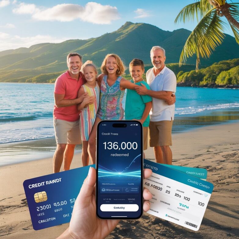 Family on the beach (with phone app showing travel milage) - via eurAI
