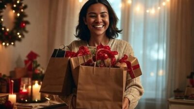 Woman returns home after Christmas shopping - via GrokAI