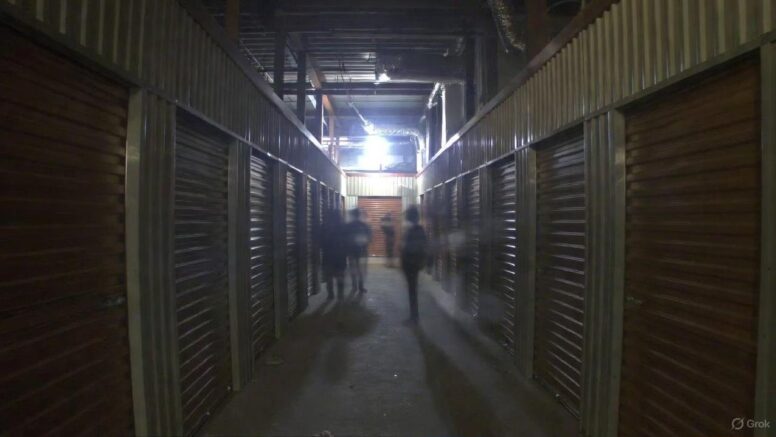 A dark storage unit facility in California, showing blurry surveillance footage of three shadowy figures