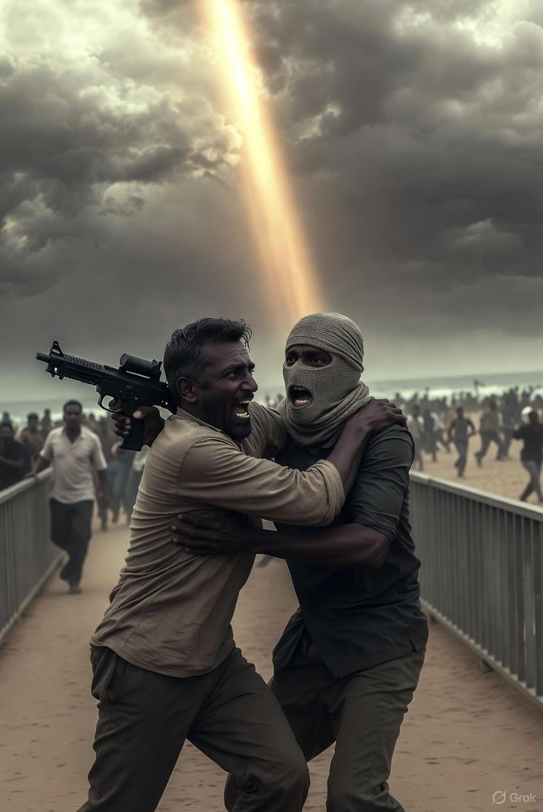 A defiant beam of light illuminates a hero’s raw determination as he disarms a gunman, forging an I-Thou encounter amid the carnage