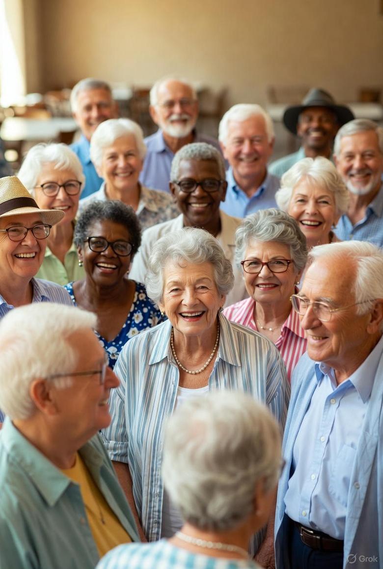 A diverse group of seniors smiling at a community center, representing Social Security beneficiaries - via GrokAI