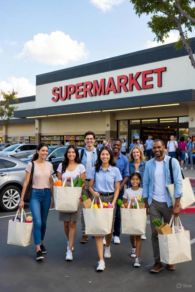 A diverse group of shoppers carrying reusable cloth bags while leaving a supermarket in Los Angeles / via GrokAI