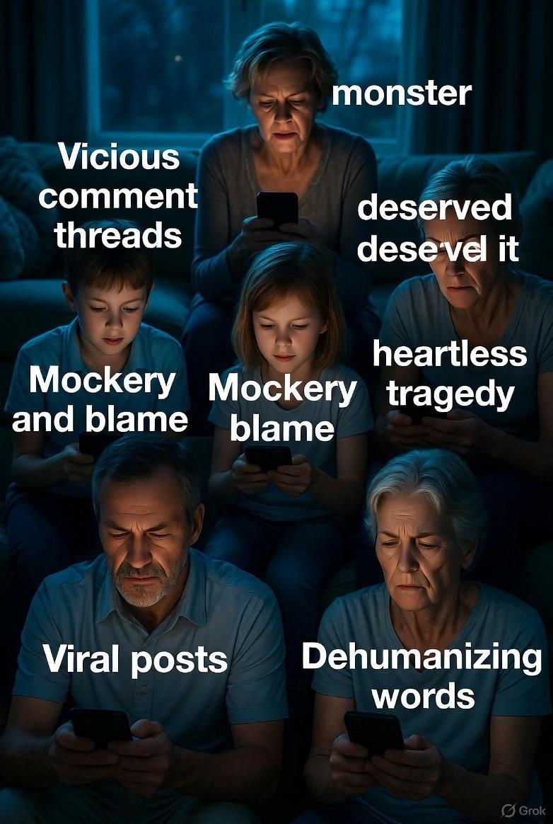A family's shared silence is fractured by the cold glow of smartphones, their faces reflecting the digital dehumanization of real-world tragedy