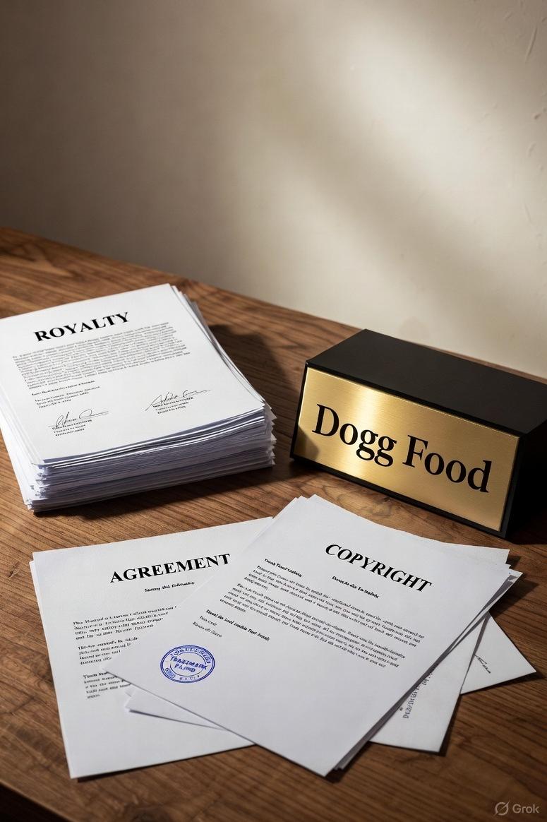 A gold Dogg Food plaque, and a document stamped 'Trademark Filing,' symbolizing the legal dispute
