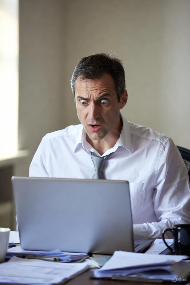 A humorous depiction of a frazzled attorney at a cluttered desk, looking panicked while staring at a missed Zoom hearing notification on their laptop screen / via GrokAI