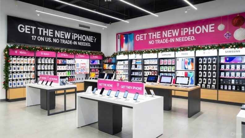 A modern T-Mobile retail store with holiday-themed decorations, showing large banners promoting a free iPhone 17 deal