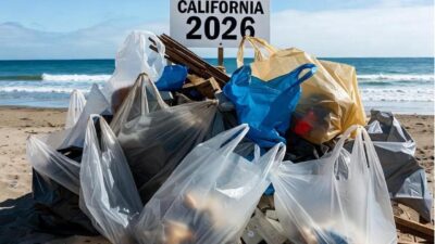 A pile of discarded plastic bags on a California beach, with signage referencing the new 2026 statewide ban / via GrokAI