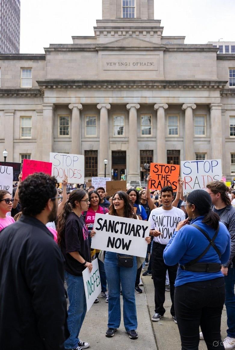 A protest scene outside New Orleans City Hall with diverse demonstrators holding signs saying 'Sanctuary Now' and 'Stop the Raids'