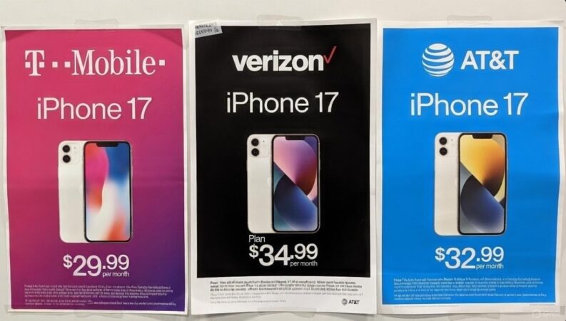 A side-by-side visual comparison of T-Mobile, Verizon, and AT&T promotional materials, highlighting the iPhone 17 deals and plan prices / via GrokAI