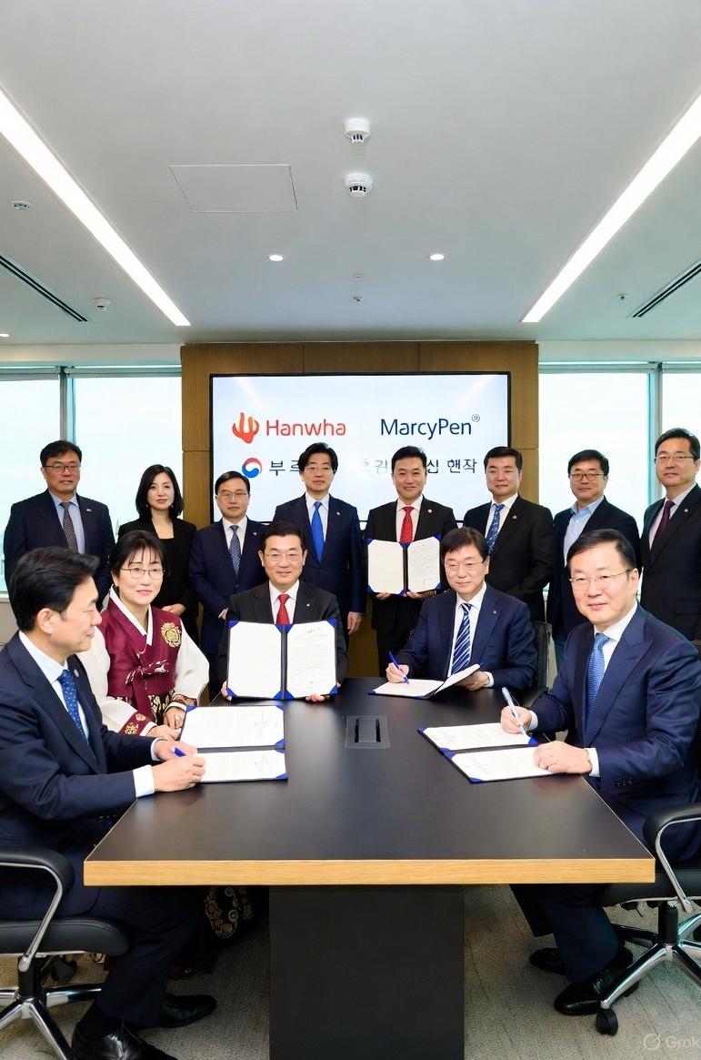 A team of executives in a boardroom setting signing an international partnership agreement with visible branding of Hanwha and MarcyPen on screen