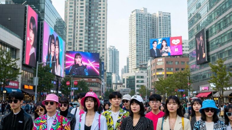 A vibrant Seoul cityscape with stylish young adults wearing K-fashion, and K-pop billboards in the background
