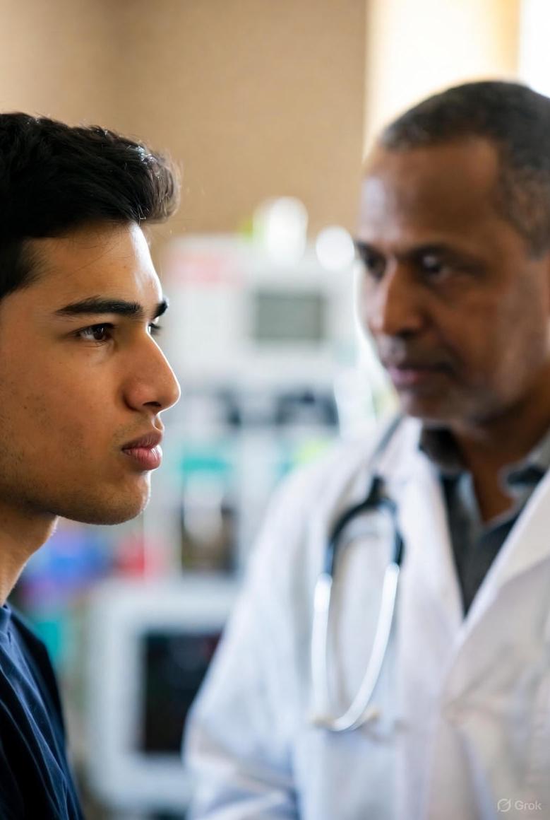 A young Latino man having a serious conversation about HIV testing with a healthcare provider in a modern clinic - via GrokAI