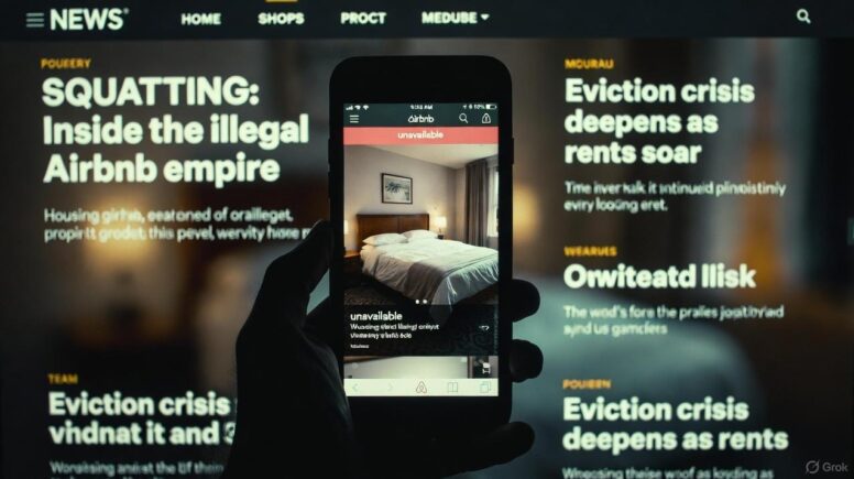 Airbnb app screen showing a listing marked 'unavailable' with news headlines about squatting and eviction - via GrokAI