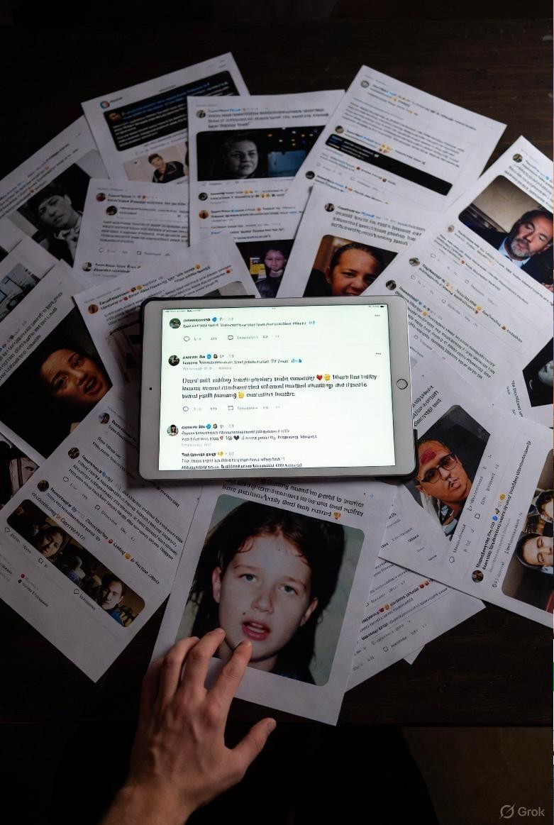 Amid a pile of trending outrage, a single hand hesitates on a buried victim’s face—a quiet protest against grief rationed by algorithmic contempt