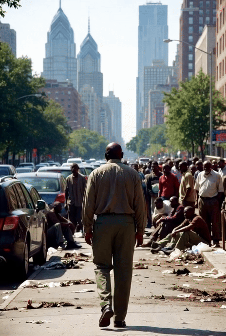 Black man walking down littered street with homeless people in Philadelphia