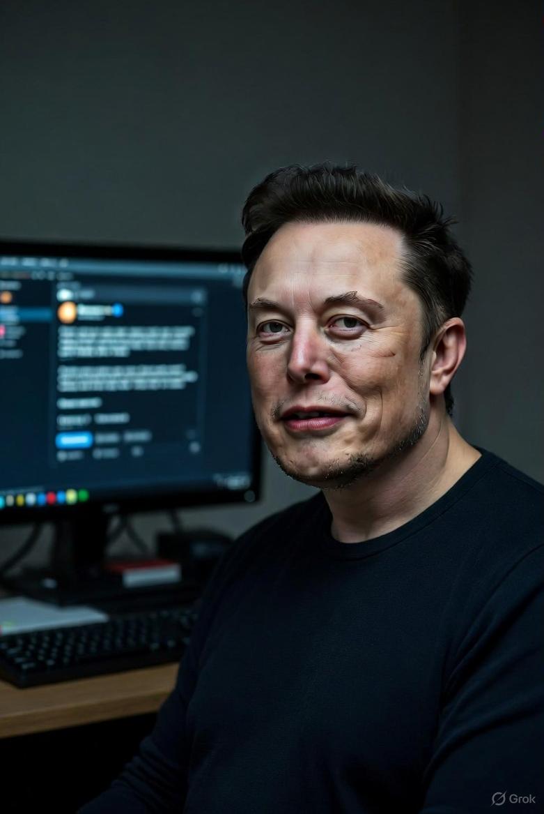 Elon Musk sitting at a computer in a dimly lit room, the screen glowing with a tweet