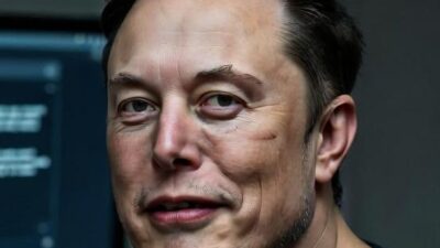 Elon Musk sitting at a computer in a dimly lit room, the screen glowing with a tweet - via GrokAI