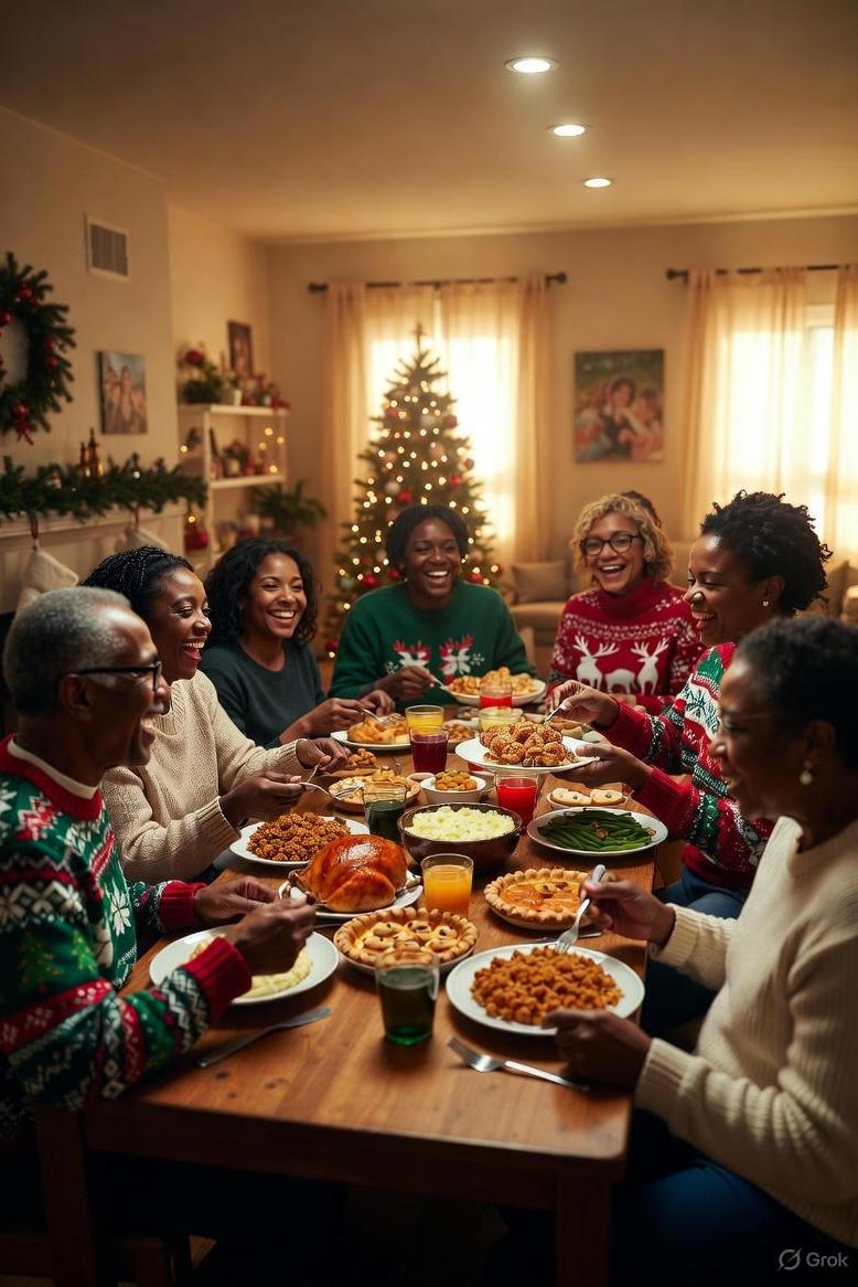 Family and friends enjoying each other over a Christmas meal - via GrokAI