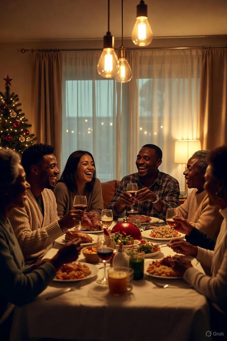Family and friends enjoying each other over a Christmas meal - via GrokAI