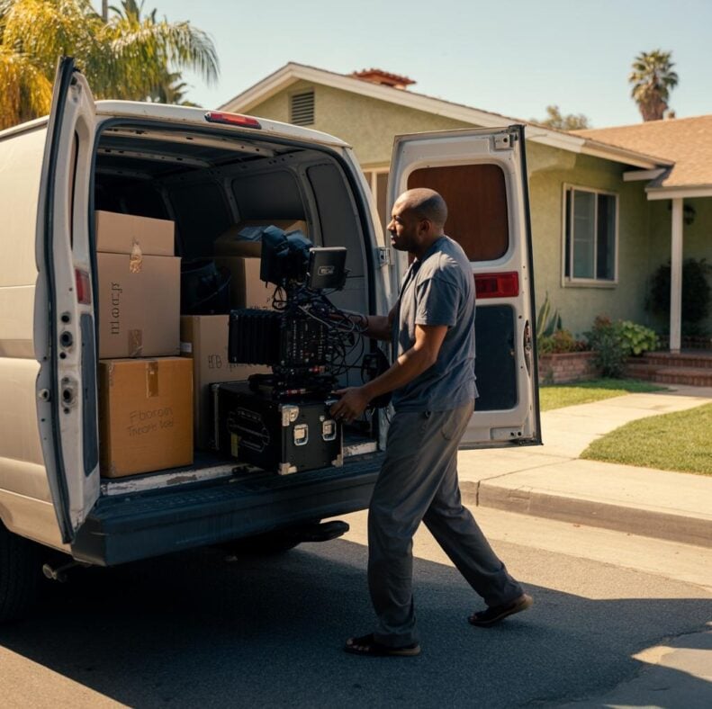 Hollywood Decline - A creative professional, a camera operator, packing his gear into a moving van in front of a modest LAhome - via eurAI