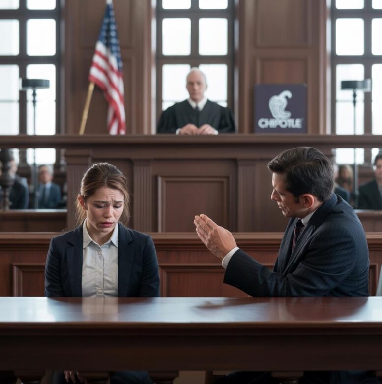 In courtroom, a distressed young woman and her lawyer speaking to a judge about her Chipotle-rodent experience