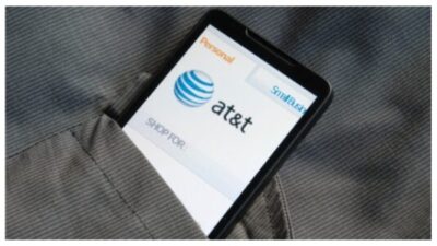 Smart phone with AT&T.com site in the pocket stock photo