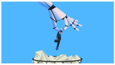 Giant robot throwing man in a trash can stock illustration