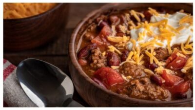 Bowl of chili con carne stock photo