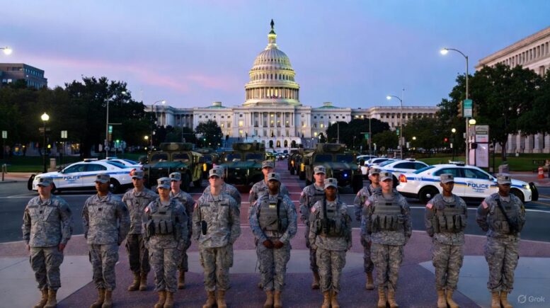 National Guard troops standing near the US Capitol at dusk, with military vehicles and DC police cars in the background - via GrokAI