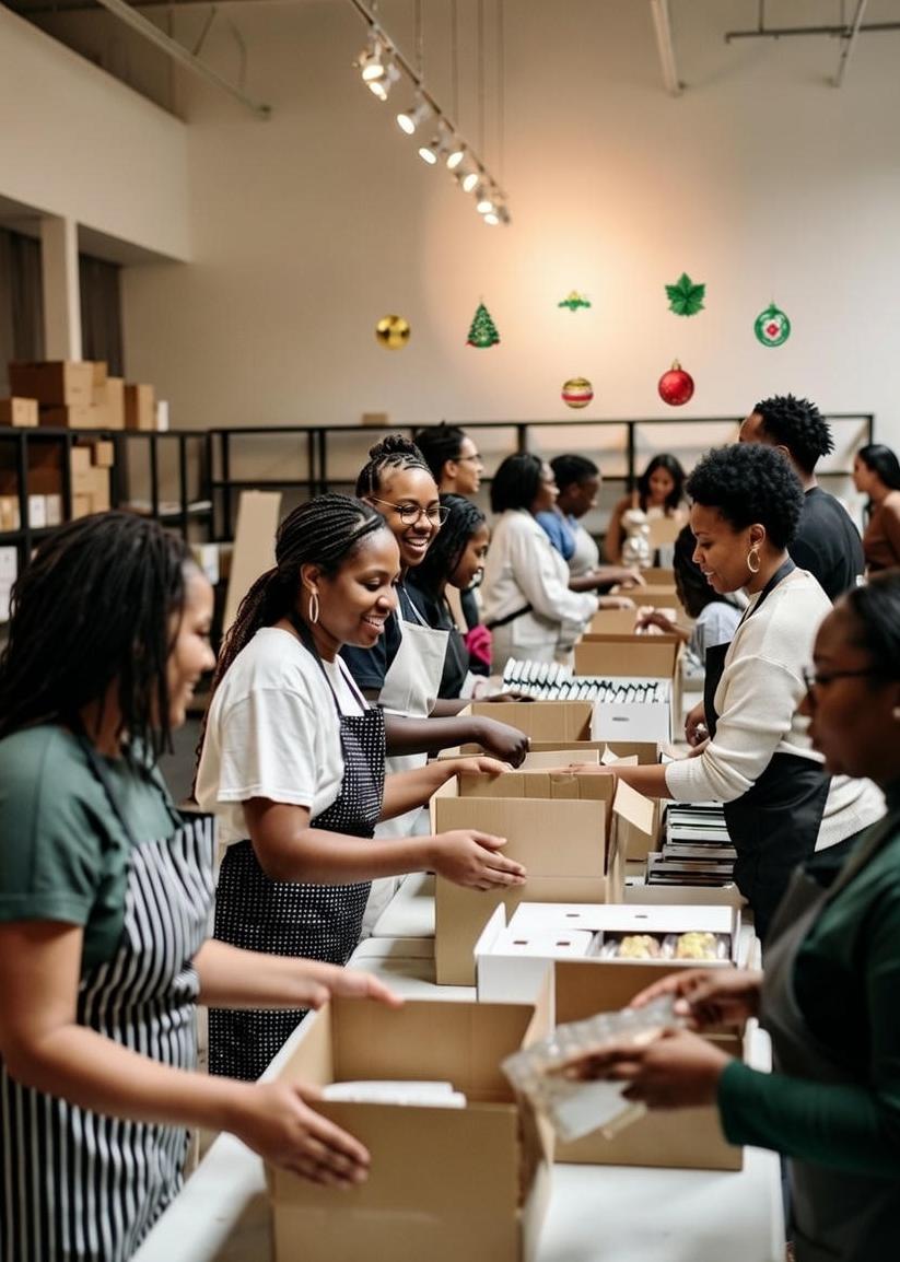 Volunteers inside a community center packing food boxes together - via GrokAI