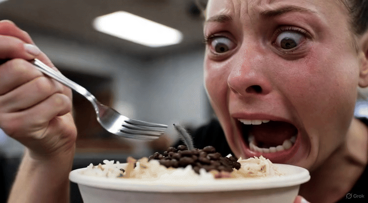 Woman reacting to rodent in Chipotle food