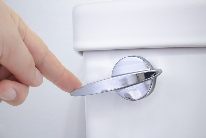 A person flushing a toilet on a washroom. stock photo...