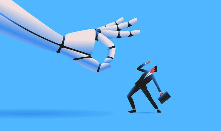 Giant robot flicking tiny man illustration stock illustration