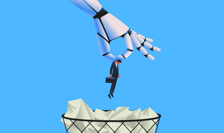 Giant robot throwing man in a trash can stock illustration
