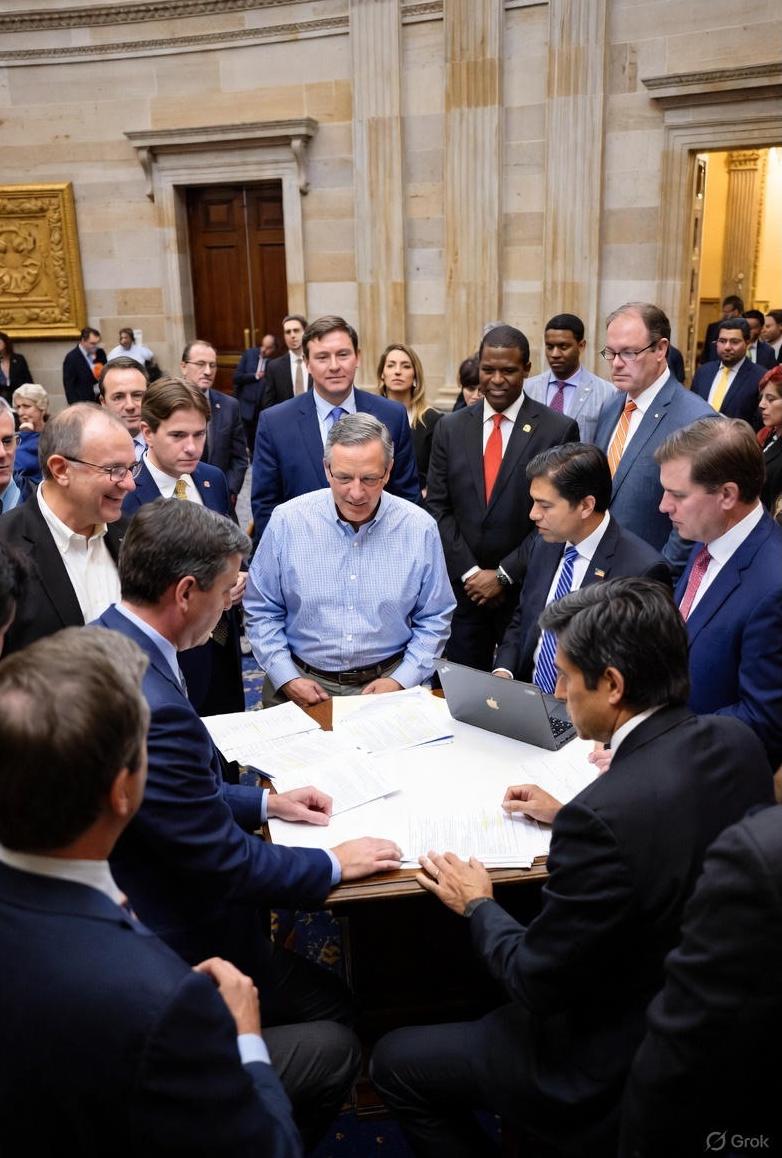 A bipartisan group of senators and representatives reviewing a healthcare policy draft