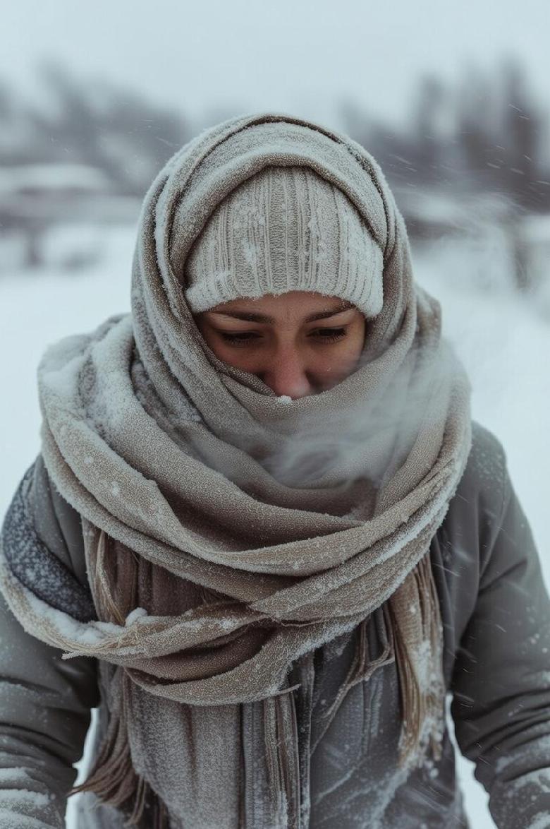 A close-up of a person bundled in layers walking against blowing snow and wind - via eurAI