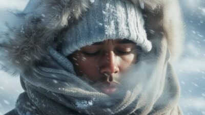 A close-up of a person bundled in layers walking against blowing snow and wind - via eurAI