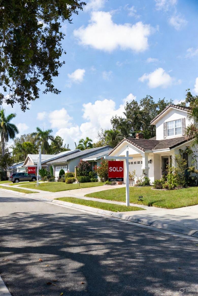 A community-focused street scene in Miami Gardens with a 'Sold' sign in front of a freshly restored home