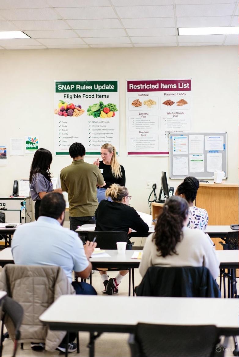 A community help center with people receiving information about new SNAP rules - via GrokAI
