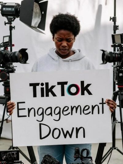 A content creator holding a sign that says 'TikTok Engagement Down' while packing up filming gear, suggesting burnout or frustration post-sale - via eurAI