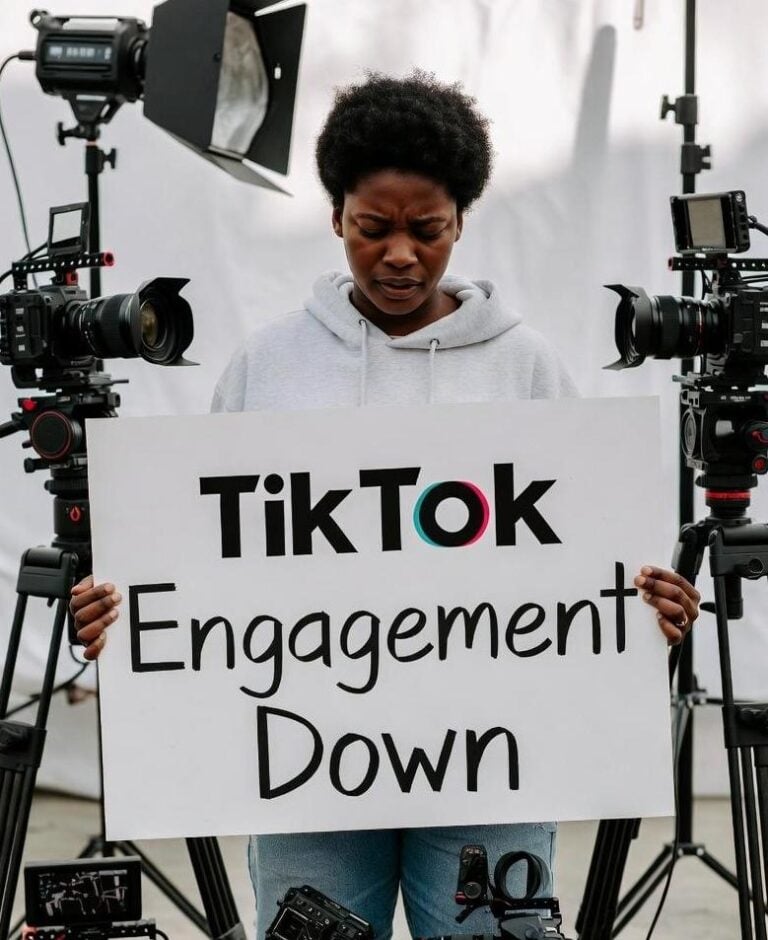 A content creator holding a sign that says 'TikTok Engagement Down' while packing up filming gear, suggesting burnout or frustration post-sale - via eurAI