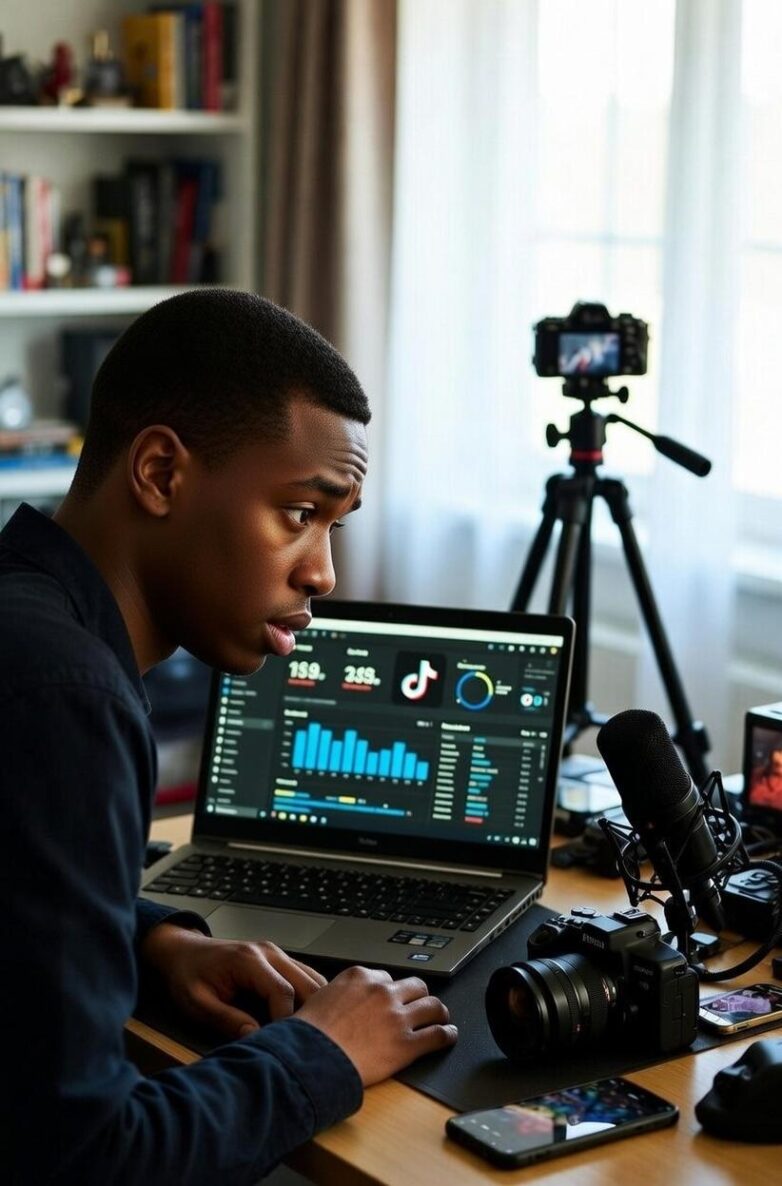 A creator sitting at a desk, with TikTok analytics on a laptop, surrounded by filming equipment - via eurAI