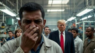 Photorealistic pic of a factory worker holding their nose with a disgusted expression, in the background of a presidential tour setting - via eurAI